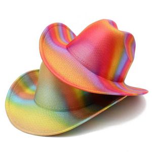 Chapéus de aba larga Chapéus de balde Novo chapéu de cowboy listrado de arco -íris Fedora Homens e mulheres Ocidentais Party Carnival Decorado Holiday Hat Y240425