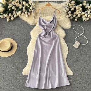 Casual Dresses Summer Satin Sexy Club Spaghetti Strap Long Dress Women Clothes Fashion Swinging Collar Slip Slim Elegant Evening