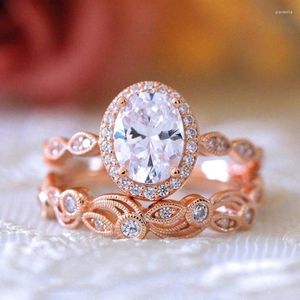 Com pedras laterais 2ps/set Luxury Crystal Rings Engagement for Women Rose Gold Silver Silver Wedding Dings Jewelry Bijoux