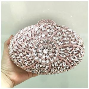 Drawstring Women Pink Gold Champagne Crystal Evening Flower Bags Floral Stones Lady Clutch Purses Diamond Wedding Bridal Party Gala Handbag