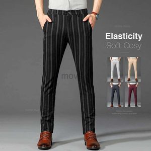 Men's Pants Brand Mens Striped Casual Pants Spring Comfortable Elastic Business Slim Straight British Fashion Trousers Black Khaki Wine Red d240425