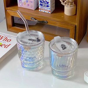 Becher schillernde Farben Transparentes Glasbecher mit Deckel und Strohmilch Kaffeewasser Sommer Büro Home Getränke H240425