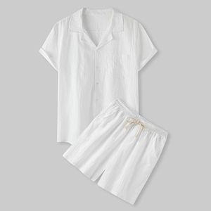 Cool sommar bekväm shortsleeved knappskjorta herrar fast färg t -skjorta shorts kostym bomull och linne avslappnad 240411