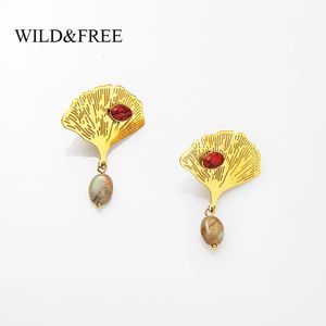 Wild freie Vintage Gold plattiert Ginkgo Blatt Ohrringe für Frauen Little Naturstein Drop Edelstahlschmuck 240422