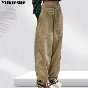 Capris Vintage Cargo Pants Women Khaki Wide Leg Pants womens Harajuku Baggy Sweatpants Hip Hop Trousers Drawstring Streetwear Pantalon