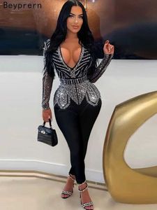 Women's Jumpsuits Rompers Beyprern Sparkle Black Rhinestone Pants jumpsuit Womens Autumn Pants Crystal jumpsuit Nightclub Set Y240425