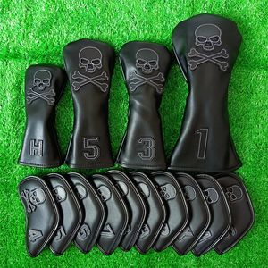 Kafatası Head Golf Irons Kapak 10 PCS Ahşap Sürücü Koru Headcover Golf Aksesuarları Putter Golf Demir Kulübü Kafa Kapağı 240424