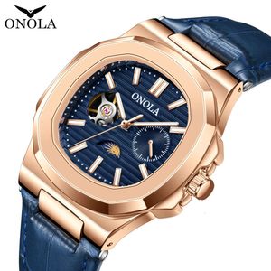 Onola högkvalitativ Sun Moon Star Morning Morning Mechanical Watch Men's Hollow Out Leather Waterproof Watch