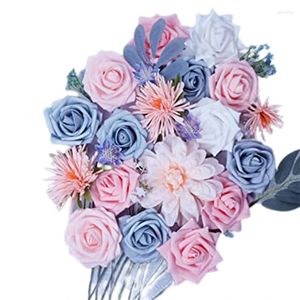 Decorative Flowers Artificial Set Pink Blue Fake Roses DIY Wedding Bouquets Centerpieces Arrangements For Home Decoration