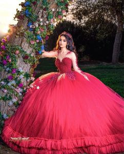 Bourgogne Luxury Princess Quinceanera Dresses Sparkly Long Sleeve Crystal Applique Puffy Corset Vestidos de 15 Quinceanera 2024