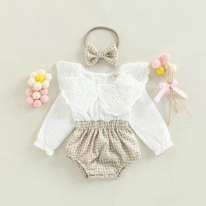 Endelar Citgeett Autumn Infant Baby Girl Fall Outfit Plaid Patchwork Lace Collar Långärmad bodysuit + Hårband Set Fall Clothes