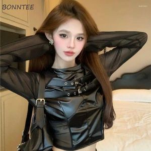 Women's T Shirts Chic Spliced PU Mesh Long Sleeve T-shirts Women Fashion Patchwork Slim Double Buckles Sexy Young Short Tops Girls BF