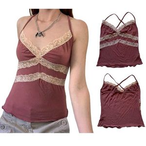 Women's Tanks Camis Xingqing y2k Aesthetic Swt Kawaii Tops Vintage Fairycore Lace Patchwork Casual Camisole Frill Casual Women Shirts 2000s T Y240420