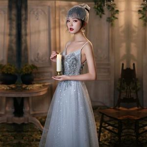 Party Dresses Banquet Spaghetti Strap Evening Dress Women Grey Long Bridesmaid Elegant Birthday French Style Prom Gowns