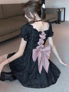 Party Dresses Black Jacquard Puff Sleeve Ruffled Square Collar Dress 2024 Summer White Bow Women Korean Fashion Elegant Lolita