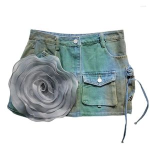 Röcke Design Sense Nische Blume Distressed Denim Rock Frauen europäische Style Taschen-Ins Girl A-Line Gradient Green