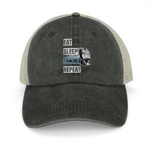 Ball Caps Eat Sleep Trains Repeat Model Railroading And Railways Funny Bold Design With Blue Text. Cowboy Hat