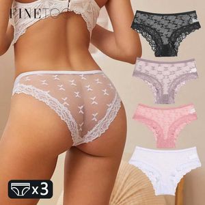 Briefs Panties Finetoo 3pcs Kadın Dantel Külot Seksi Perspektif İç çamaşırı Kılavuzları Kadın Düz Renk Out Out Lingerie Çiçek Intimates S-XL Y240425