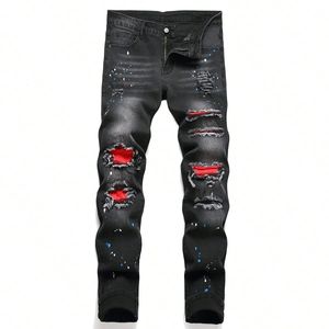 Mężczyźni y2k elastyczne chude dżinsowe dżinsowe dżinsy do swobodnych spodni Roszed patchwork otwór Slim Fit Hip Hop czarne proste spodnie 240417
