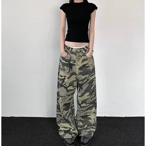 Jeans femininos verde da cintura baixa mulher macacão camuflagem americana moda de rua solteira estilo de rua larga perna larga calça pega