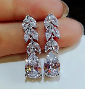 Orecchini a goccia a foglia di cristallo femmina di moda 925 orecchini a diamante bianchi in argento sterling boho gioielli da sposa orecchini lunghi pendioni8002212