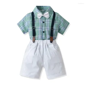 Clothing Sets A Plaid Bow Tie Short Sleeve Shirt Suspenders Gents Style Suit Children's Kids Clothes Boys