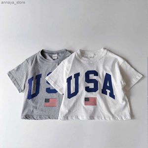 T-shirts baby pojkar usa flagg tryck kort ärm tee skjorta avslappnade shorts pojkar outfit pojkar kläder bomullsflickor kläder toppar sommar 2024l2404