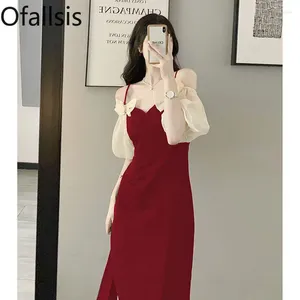 Party Dresses Ofallsis Wine Red Puff Sleeve Bridal Toasting Gown High End Suspender Engagement Dress 2024 Summer Color Contrast