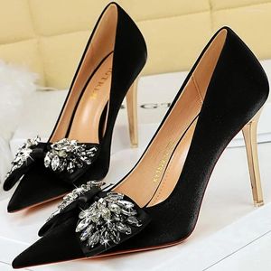 Dress Shoes BIGTREE Western Style Party Sense Of Luxury 10.5 CM Super High Heels Silk Shallow Pointed Toe Crystal Butterfly Knots Pumps