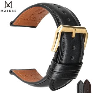 Maikes Black Calfskin Leather Watch Band Strap Strap 18mm-24mm com fivela de aço inoxidável dourado 240425