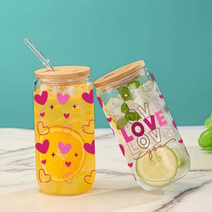 Tumblers 1 st 16oz kärleksbrev rosa kärlek söt klistermärke transparent glas dryck juice kaffemjölk kopp lämplig för alla hjärtans dag gåva H240425