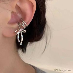 Charm 2024 New Kpop Silver Color Ribbon Bowknot Ear Clips For Women Sweet Pink Zircon Non-Piercing Ear Cuff Aesthetics Jewelry Gift