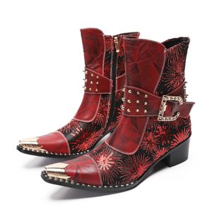 Luxus italienische Militärnieten Stiefel Stiefel Patchwork Echtes Kuhleder Stahl Spitzer Zehen High Heels Cowboy Stiefel Anzugschuhe für Jungen Party Schuhe 37-47