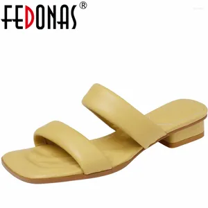 Casual Shoes Fedonas Summer Ankomst Kvinnor tofflor Koncise fyrkantiga klackade äkta läderkontor som arbetar sandaler kvinna