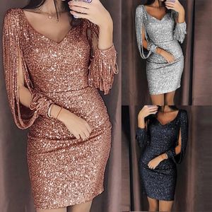 Женские платья с блестками блески Sparkle Sexy V Nece Summer Short Dress Tassel Shining Club оболочка с длинным рукавом Mini для вечеринки 240418