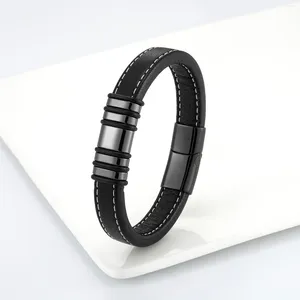 Charm Bracelets 2024 Fashion Simple Punk Style 5 Ring Stainless Steel Men's Classic Bracelet Black Wide Leather Rope