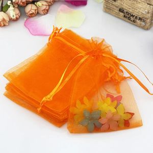 Opakowanie prezentów 100pcs/los 9x12 cm organza torba pomarańczowa dekoracja ślubna cukierki prezenty biżuterii Opakowanie małe torby torebki