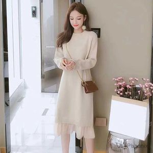 Maternity Dresses Korean Style Pregnant Woman Knitting Dress Long Sleeve O-neck Ruffles Hem Patchwork Maternity Basic Dress Elegant Lady Clothes