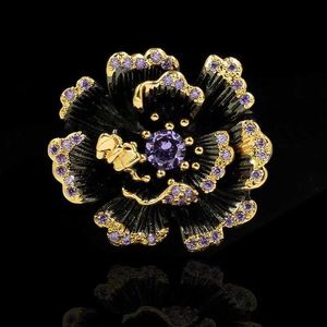 Band Rings Exquisite Creative Blooming Flowers Stop Butterfly Ring Black Gold 925 Silver Jewelry Luxury Purple Shiny Zircon Ladies H240425