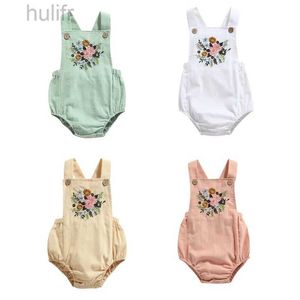 Rompers baby flicka kläder ärmlös romer med blommor broderi botten knapp justerbar axel rem jumpsuit baby sommarkläder D240425