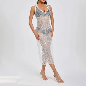 Casual Dresses See-Through Lace Sheer Dress For Women's Summer Sleeveless Beachwear Floral Cover-up Long