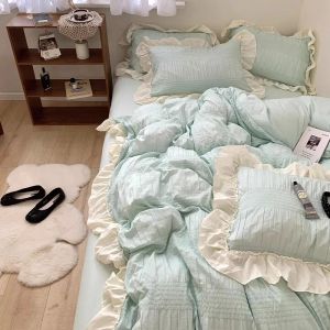 sets Kawaii Korean Princess Bedding Sets Queen Twin Size Solid Color Double Bed Fitted Sheets Home Ruffled Duvet Quilt Cover Set