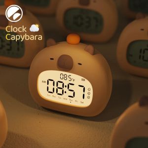 Clocks Cute Capybara Alarm Clock LED Alarm Clock USB Rechargeable Timer Temperature Display Desktop Decoration Ornaments Children Gift