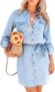 Casual Dresses Fashion Button Down Pockets Tops With Belt Denim Shirt Dress Long Sleeve Blue Jeans