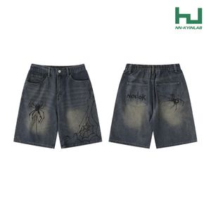 Light Blue Spray Monkey Washed Hand Drawn Spider Denim Shorts for Men with High Waisted Straight Leg Versatile Casual Capris