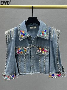 EWQ Tassel Rivet Colorful Diamond Denim Jacket Fashion Women Long Sleeve Streetwear Outwears Jackets Coat Summer Top 240420