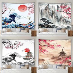 Tapestries Asian Scenery Tapestry Ink Painting Cherry Blossom Sun Ocean Wave Mountain Home Dormitory Room Decor Background Fabric