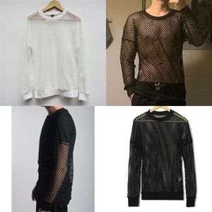 Sexy Mens Fishnet See Through T-shirt Long Sleeve Transparent Tshirt Homme Punk Gothic Nightclub Prom T Shirt for Men Camisetas 201203