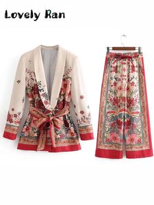 Floral Impred Suit Pant Sets Woman 2 Peças Retro Flower Blazer Sits Office Ladies Lace Up Blazer Coat Roupfits 240421