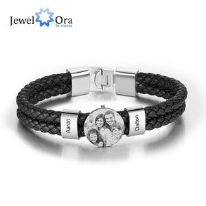 Personalize Men Leather Bracelets with Beads 2-4 Names Charm Po Bangle Stackable Jewelry Gift for Father Dad Grandpa Son 240416